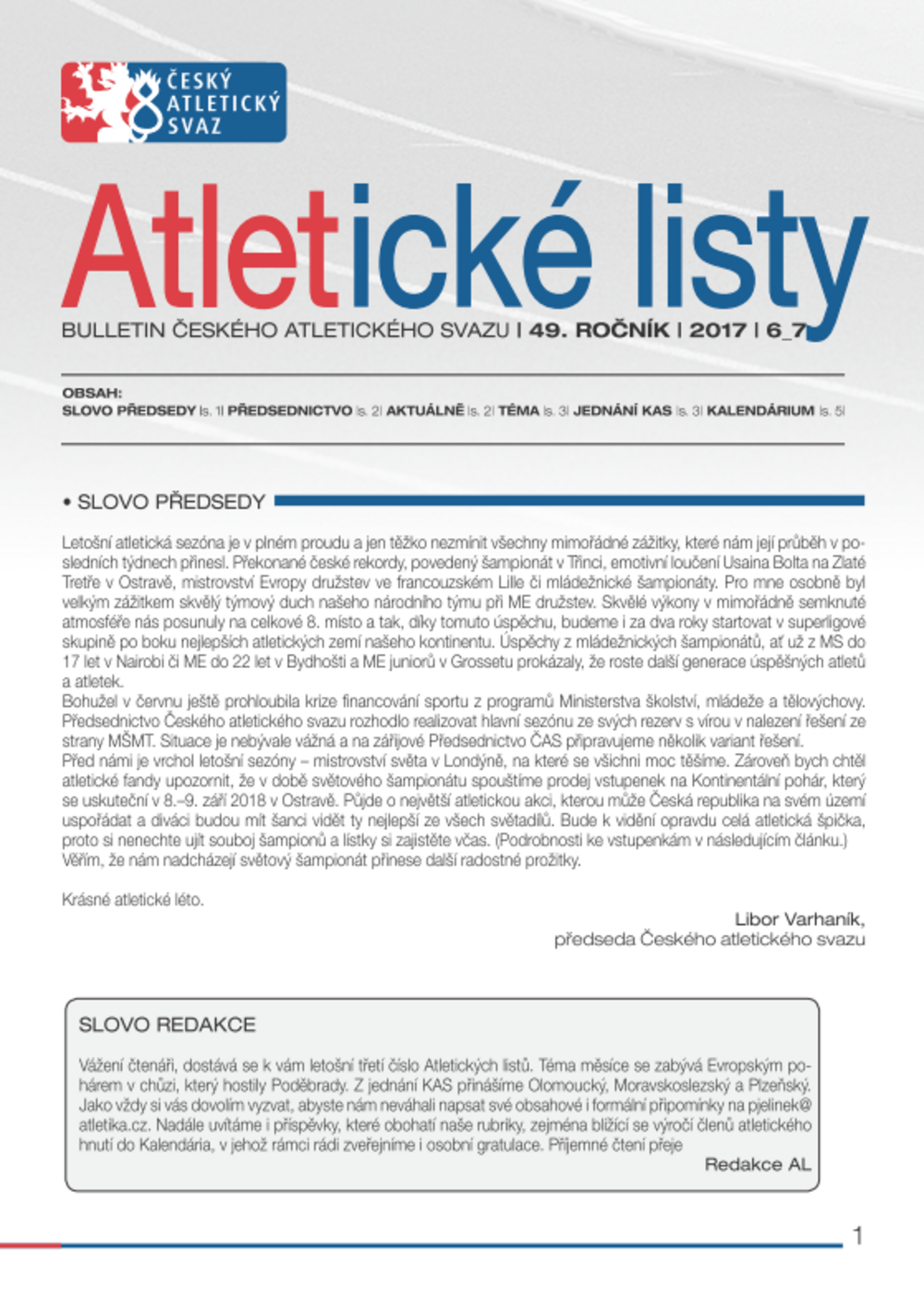 Vyšly Atletické listy pro červen a červenec